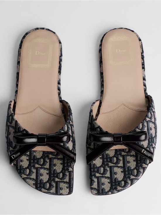 Dior Shoes - Dior Navy and Beige Jacquard Bow Slide Sandals